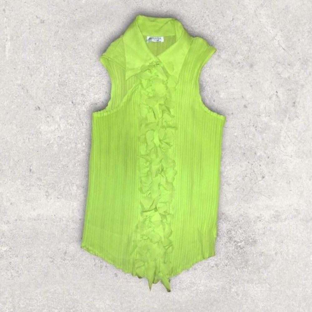 Dress U II by Sharon Blouse Flutter Button Front Accordion Pleat Neon Green 1X